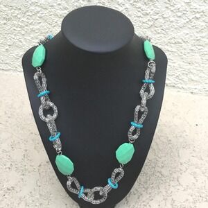 Silver Chain Necklace With Mint Green Faceted Beads & Turquoise Accents Adjustab